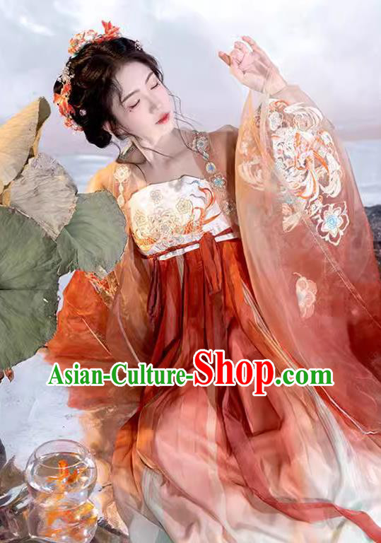 Chinese Hanfu Hezi Qun Tang Dynasty Princess Red Dresses Ancient Palace Lady Clothing