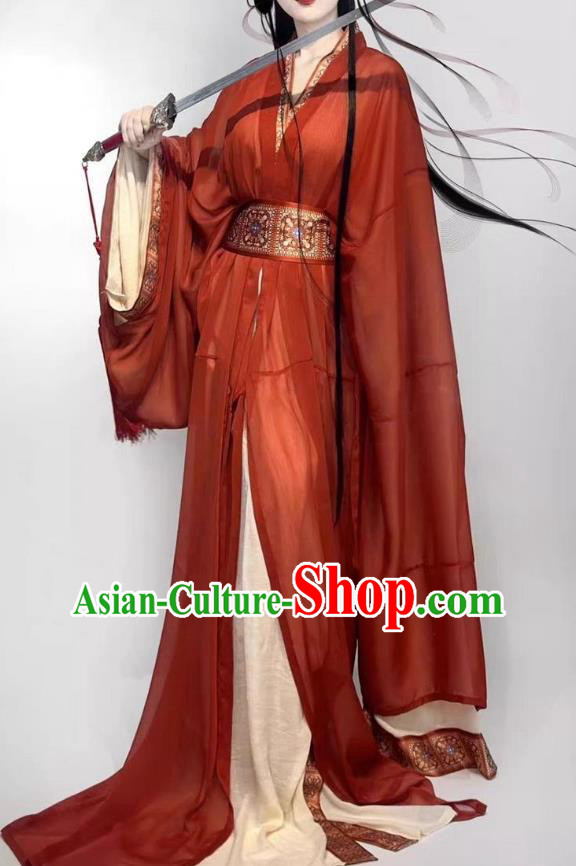 Chinese Qin Dynasty Swordswoman Red Dresses Ancient Heroine Clothing Hanfu Straight Front Robes