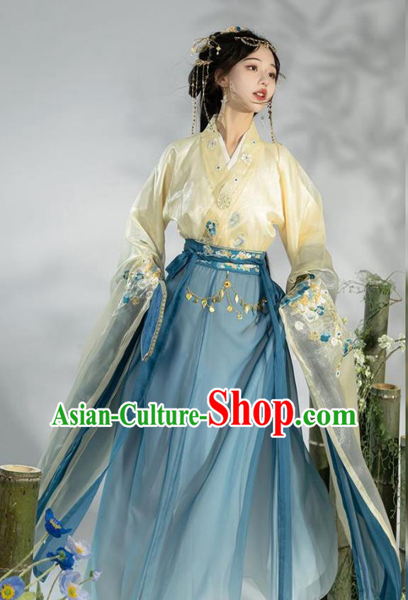 Chinese Ancient Fairy Blue Dresses Jin Dynasty Princess Costume Hanfu Ru Qun
