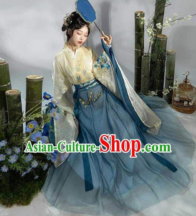 Chinese Ancient Fairy Blue Dresses Jin Dynasty Princess Costume Hanfu Ru Qun