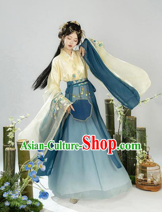 Chinese Ancient Fairy Blue Dresses Jin Dynasty Princess Costume Hanfu Ru Qun