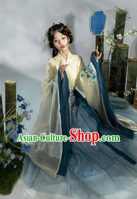 Chinese Ancient Fairy Blue Dresses Jin Dynasty Princess Costume Hanfu Ru Qun