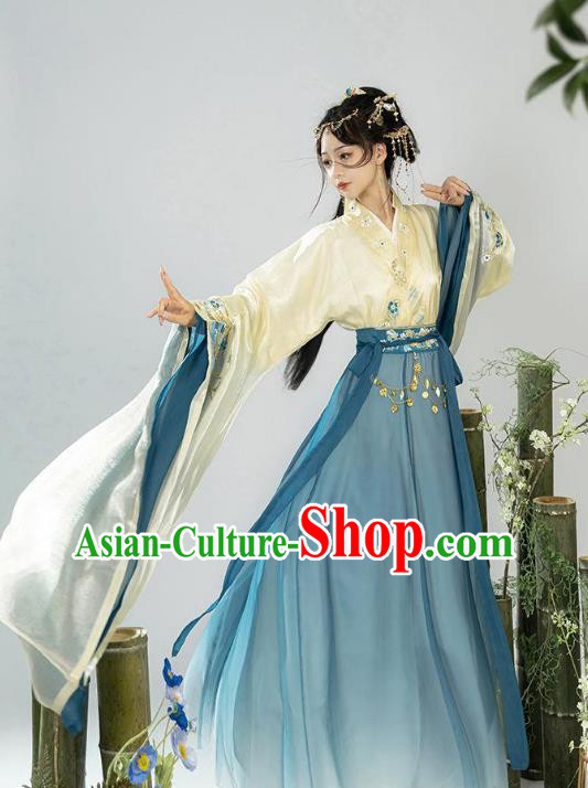 Chinese Ancient Fairy Blue Dresses Jin Dynasty Princess Costume Hanfu Ru Qun
