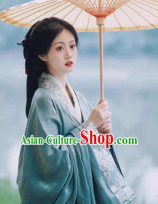China Ancient Palace Beauty Clothing Traditional Hanfu Blue Robe Warring States Period Princess Costume