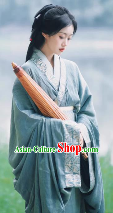 China Ancient Palace Beauty Clothing Traditional Hanfu Blue Robe Warring States Period Princess Costume