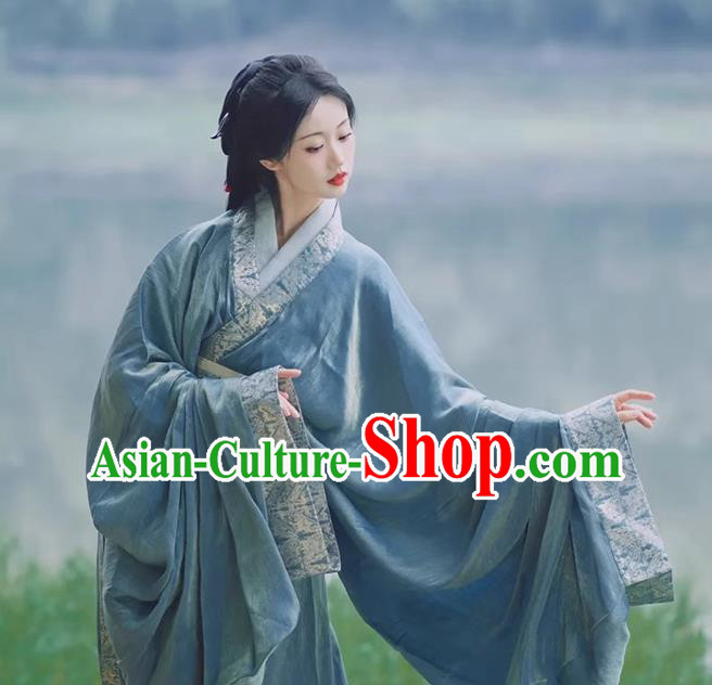 China Ancient Palace Beauty Clothing Traditional Hanfu Blue Robe Warring States Period Princess Costume