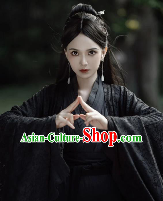 China Ancient Swordswoman Black Costumes Traditional Hanfu Dress Warring States Time Heroine Clothing