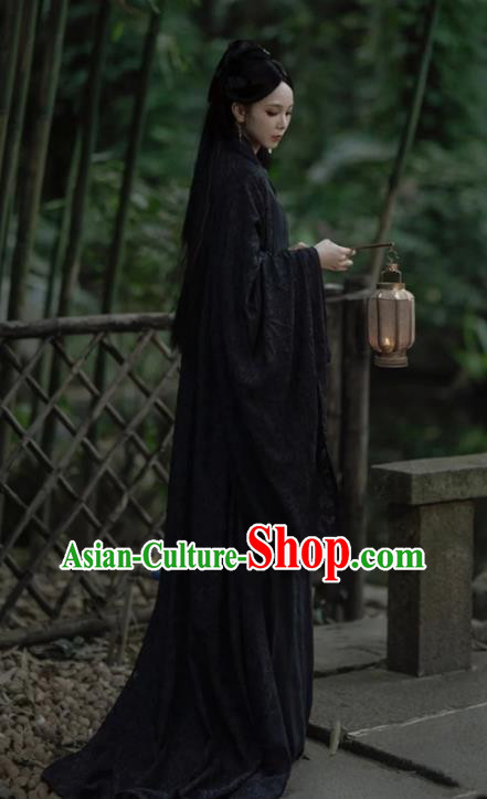China Ancient Swordswoman Black Costumes Traditional Hanfu Dress Warring States Time Heroine Clothing