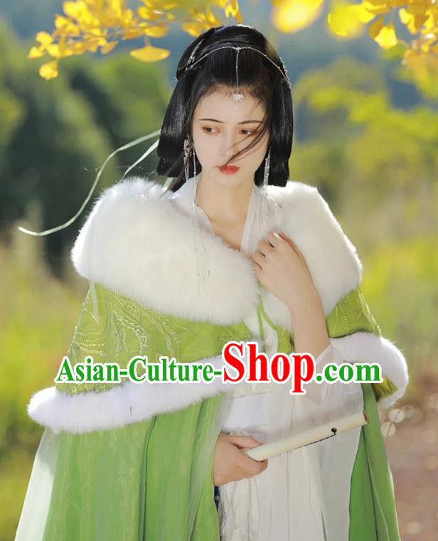 China Ancient Princess Costume Traditional Hanfu Winter Green Cape Warring States Period Court Woman Cloak