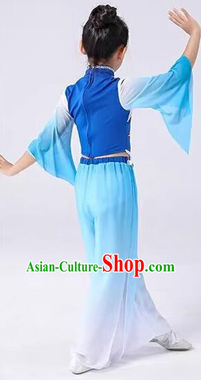 Chinese Fan Dance Costumes Folk Dance Clothing Children Yangko Dance Blue Outfit