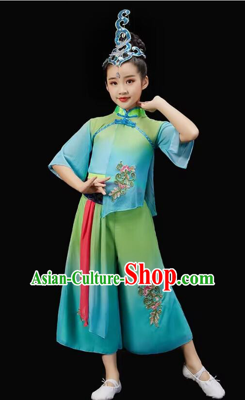 Chinese Children Yangko Dance Green Outfit Fan Dance Costumes Folk Dance Clothing
