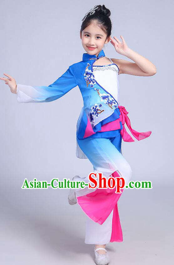 Chinese Children Folk Dance Clothing Yangko Dance Blue Outfit Fan Dance Costumes