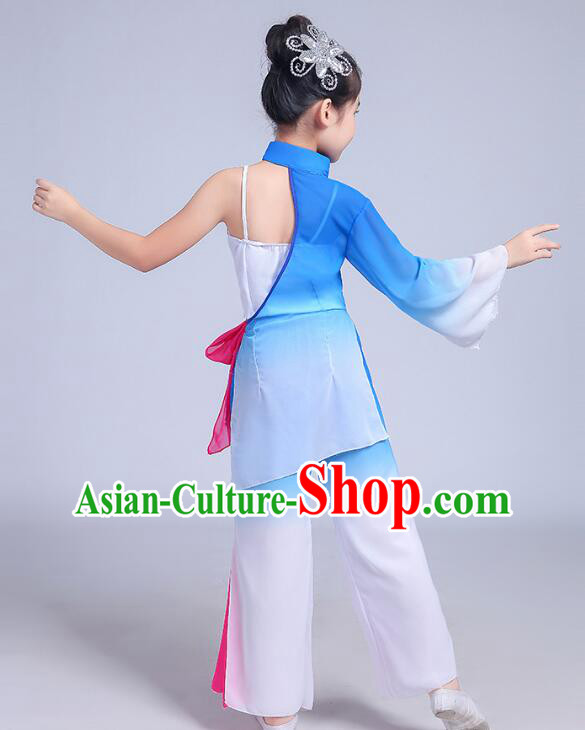 Chinese Children Folk Dance Clothing Yangko Dance Blue Outfit Fan Dance Costumes