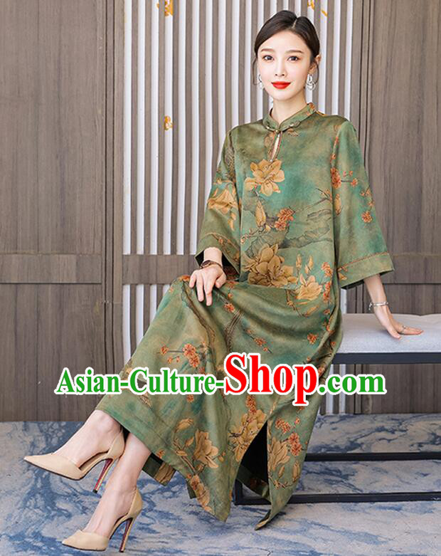 China Magnolia Pattern Cheongsam Traditional Clothing Oversize Green Dress Classic Qipao