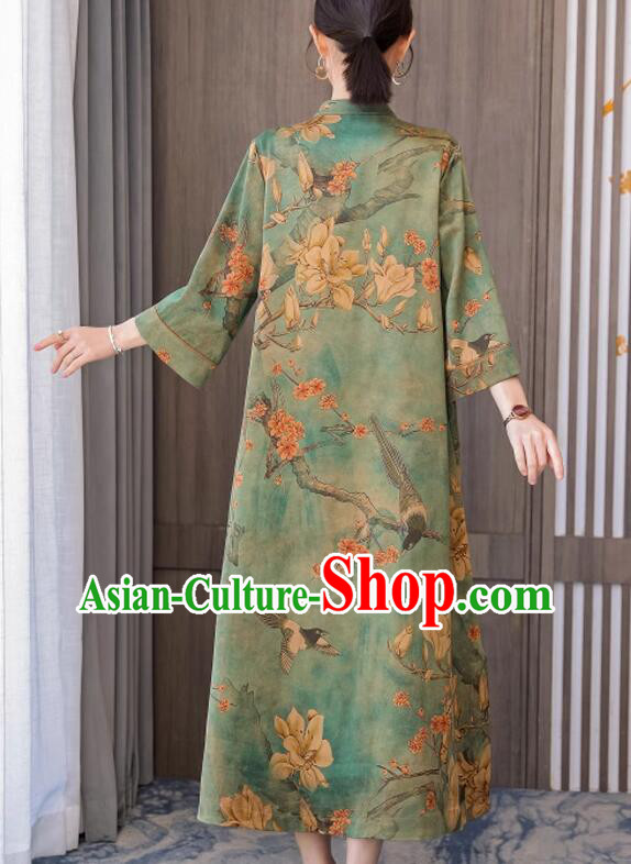 China Magnolia Pattern Cheongsam Traditional Clothing Oversize Green Dress Classic Qipao
