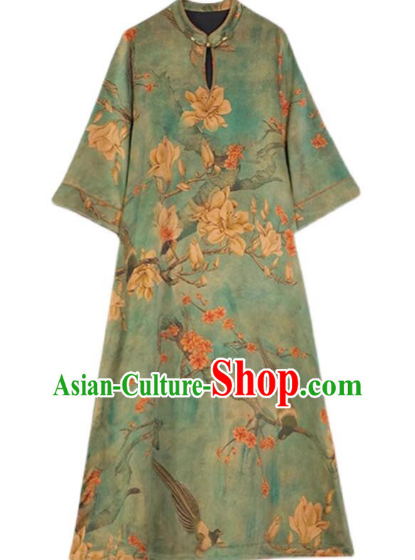 China Magnolia Pattern Cheongsam Traditional Clothing Oversize Green Dress Classic Qipao