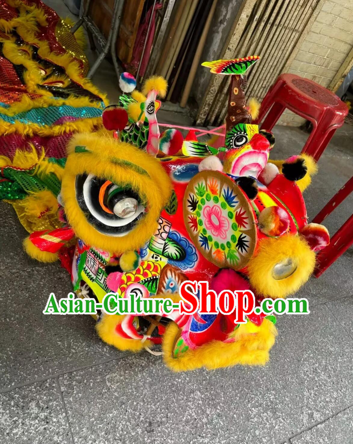 Chinese Lion Dancing Instruments Handmade Kylin Head Traditional Unicorn Lion Costume Complete Set