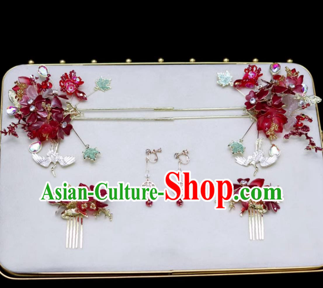 Bride Hairpins Traditional China Wedding Hair Accessories Handmade Cheongsam Red Flower Headpieces Complete Set