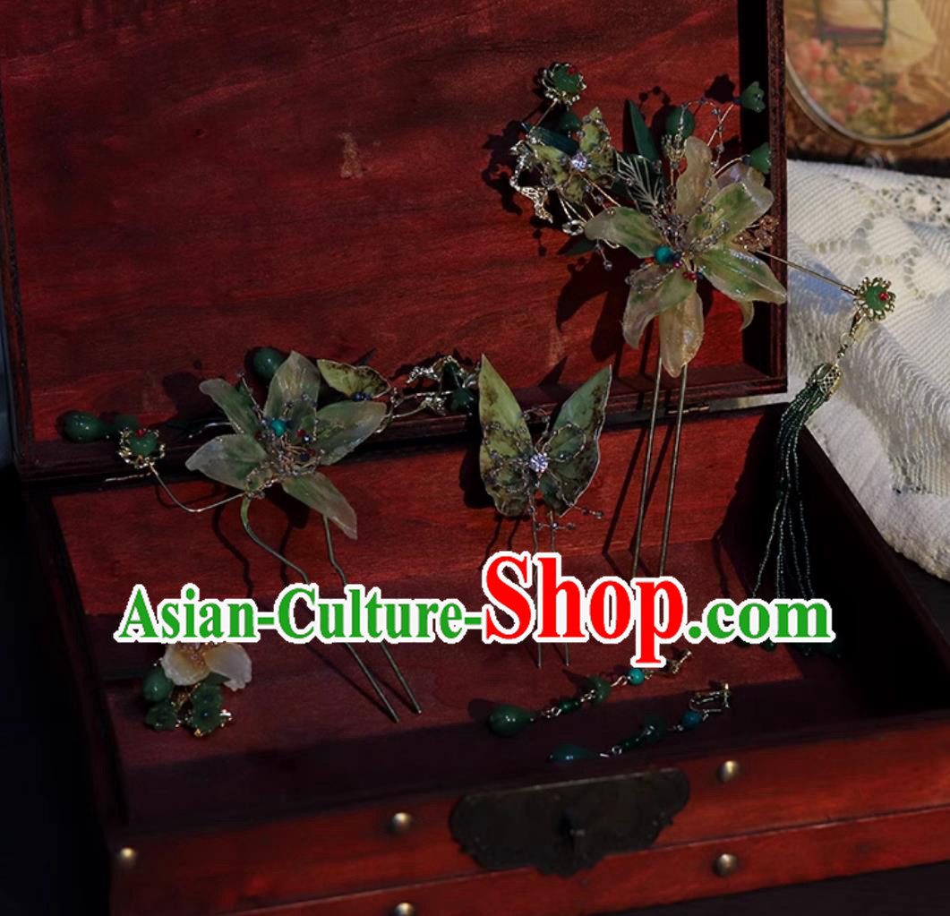 Handmade Cheongsam Headpieces Bride Green Jade Hairpins Traditional China Wedding Hair Accessories Complete Set