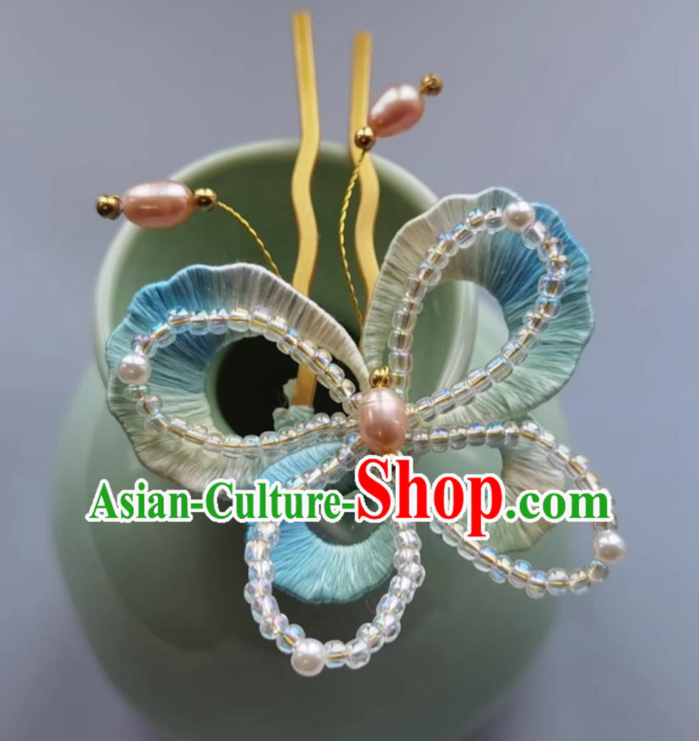 Traditional Hanfu Headpiece Handmade Beads Butterfly Hairpin China Cheongsam Hair Jewelry