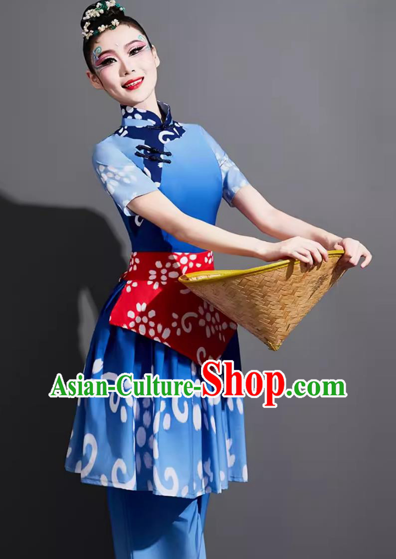 Traditional Fan Dance Nanniwan Clothing China Folk Dance Blue Outfit Chinese Yangko Dance Costume