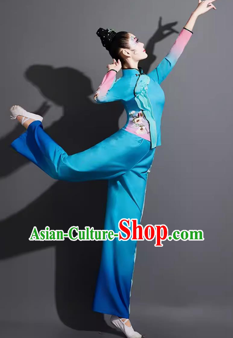 Chinese Yangko Dance Costume Traditional Fan Dance Clothing China Folk Dance Blue Outfit