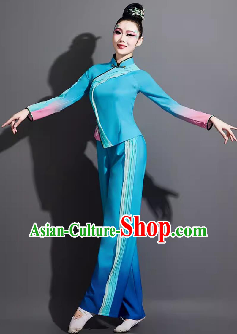 Chinese Yangko Dance Costume Traditional Fan Dance Clothing China Folk Dance Blue Outfit