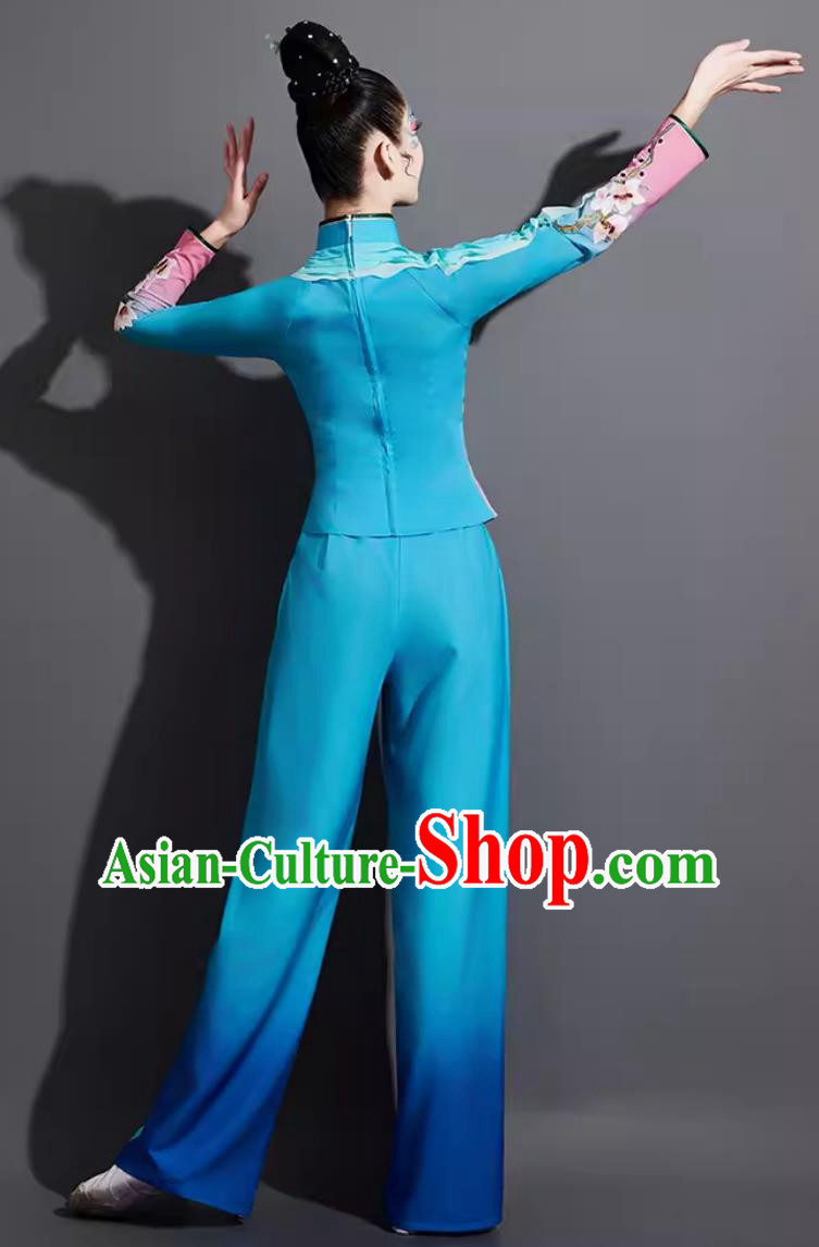 Chinese Yangko Dance Costume Traditional Fan Dance Clothing China Folk Dance Blue Outfit