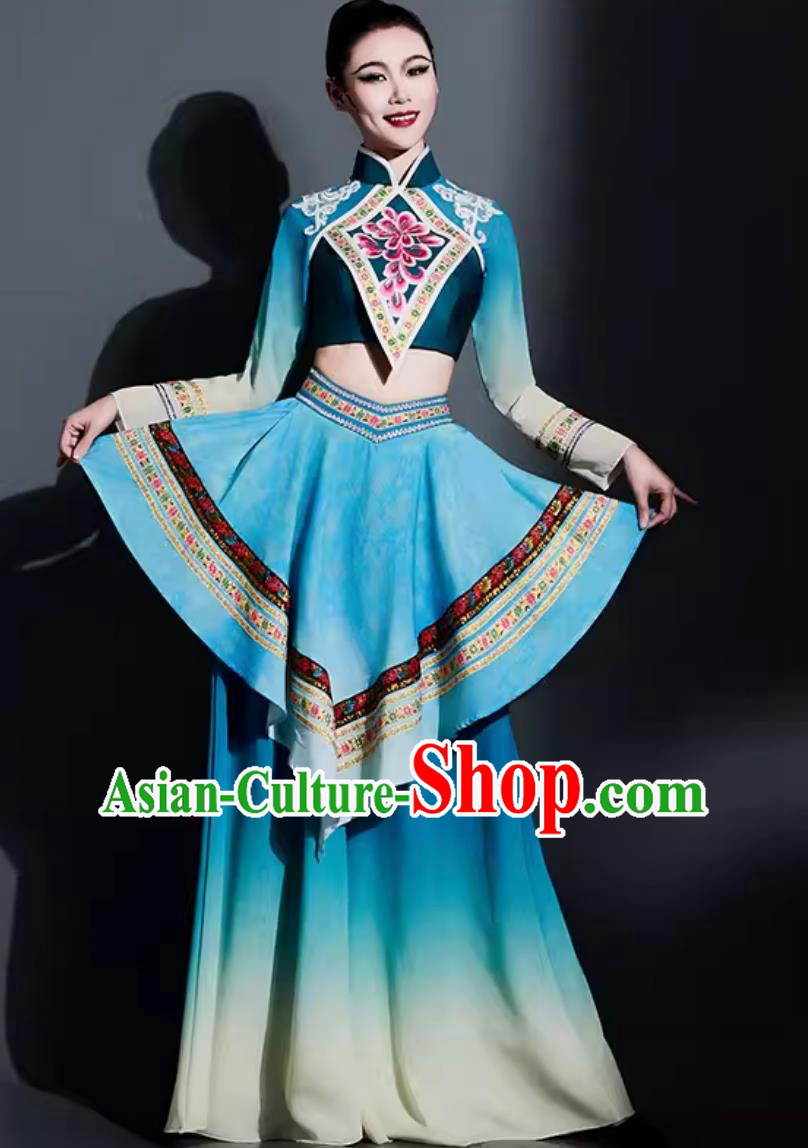Traditional Yangge Fan Dance Women Group Dance Clothing China Yangko Dance Blue Outfit Chinese Folk Dance Costume
