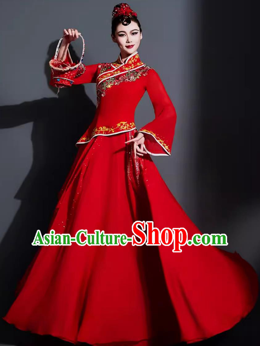 China Classical Dance Red Dress Chinese Umbrella Dance Fan Dance Costume Traditional Dance Clothing