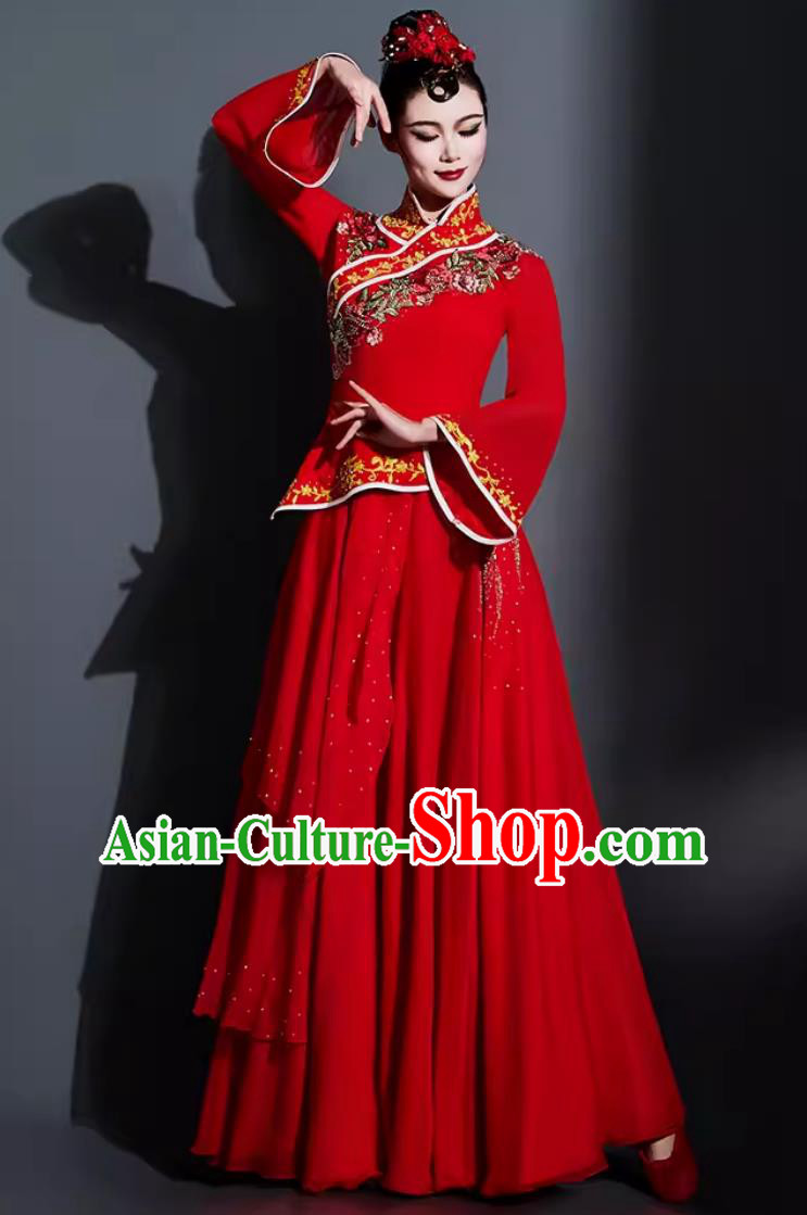 China Classical Dance Red Dress Chinese Umbrella Dance Fan Dance Costume Traditional Dance Clothing