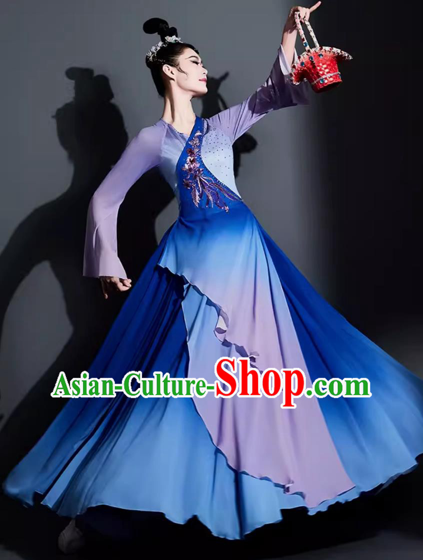 Chinese Dance Contest Costume Traditional Umbrella Dance Clothing China Classical Dance Blue Dress