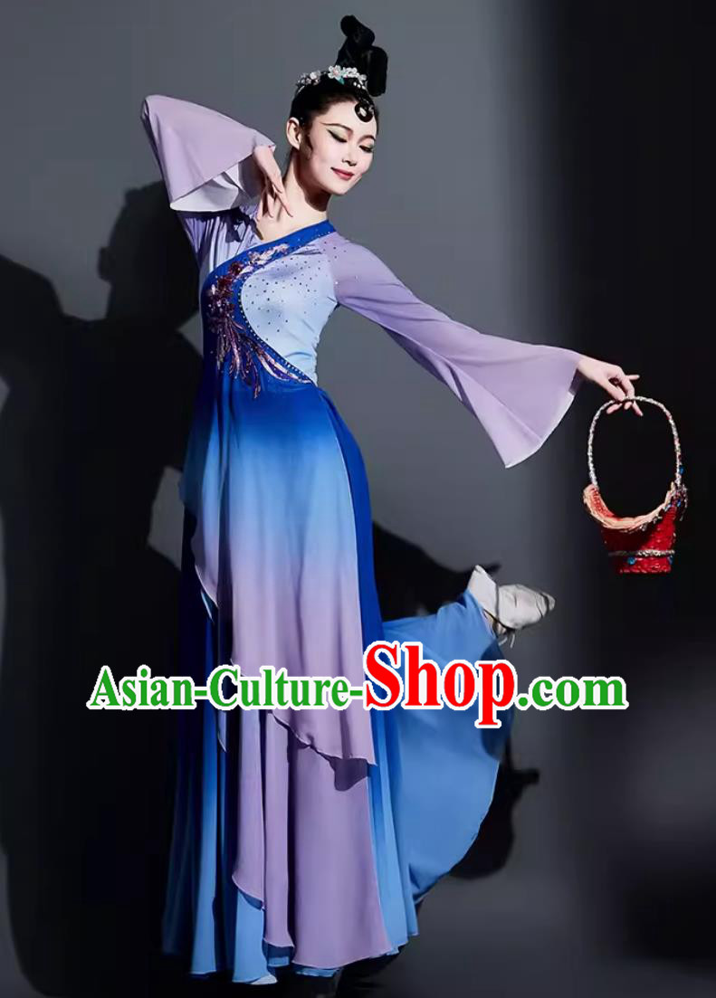 Chinese Dance Contest Costume Traditional Umbrella Dance Clothing China Classical Dance Blue Dress