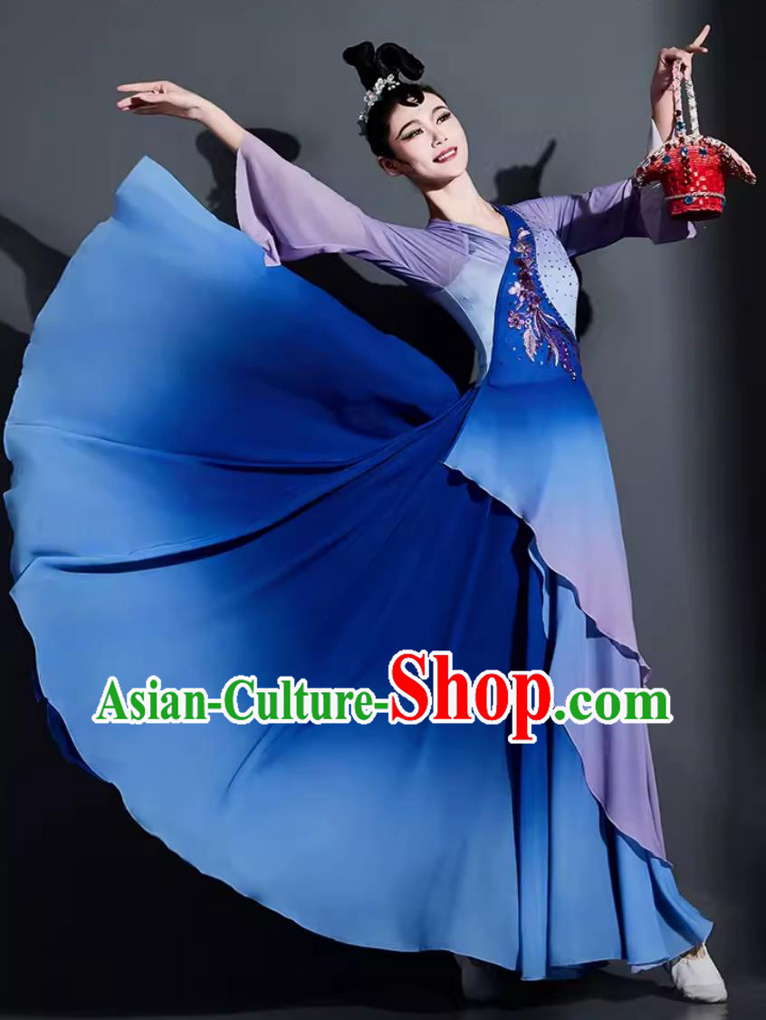 Chinese Dance Contest Costume Traditional Umbrella Dance Clothing China Classical Dance Blue Dress