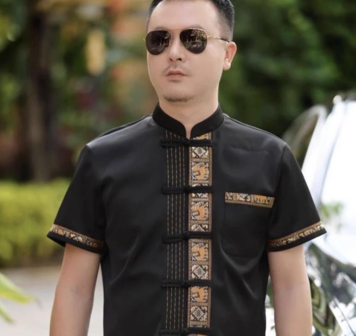 Traditional Thailand Male Clothing Southeast Asian Thai Costume Dai Nationality Black Shirt