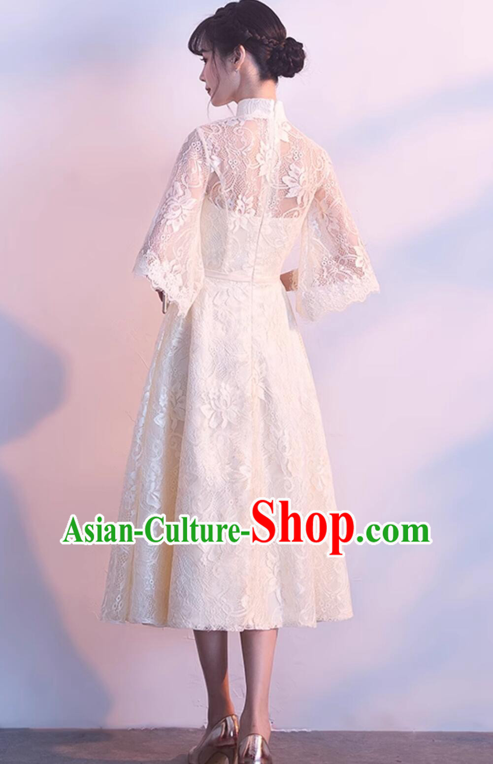 China Embroidered Lace Qipao Dress Modern Light Champagne Cheongsam Traditional Chinese Clothing