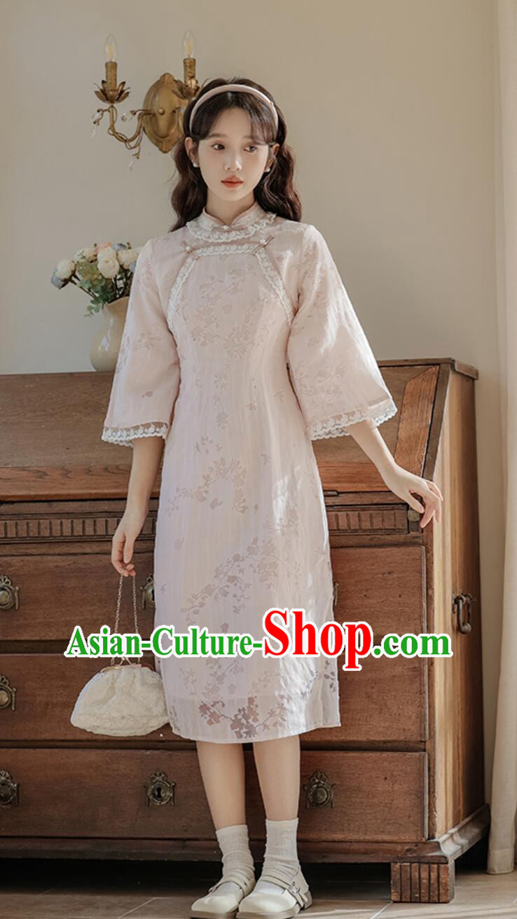 Modern Light Pink Cheongsam Traditional Chinese Clothing China Middle Sleeve Qipao Dress