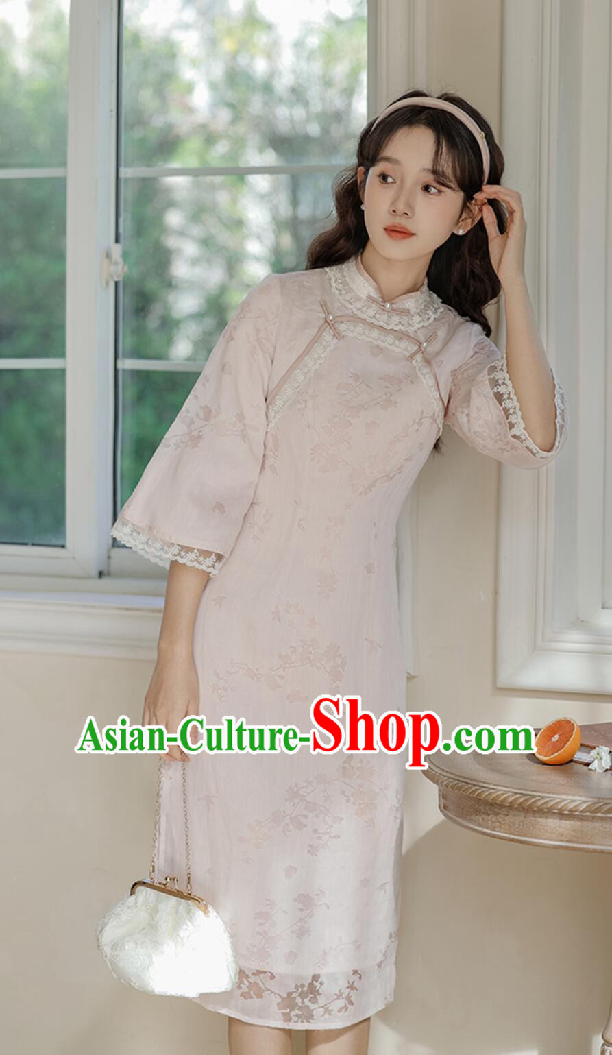 Modern Light Pink Cheongsam Traditional Chinese Clothing China Middle Sleeve Qipao Dress