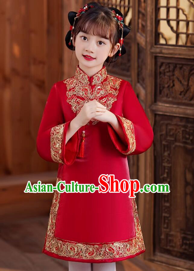 China New Year Red Cheongsam Classical Dress Traditional Chinese Clothing Children Qipao