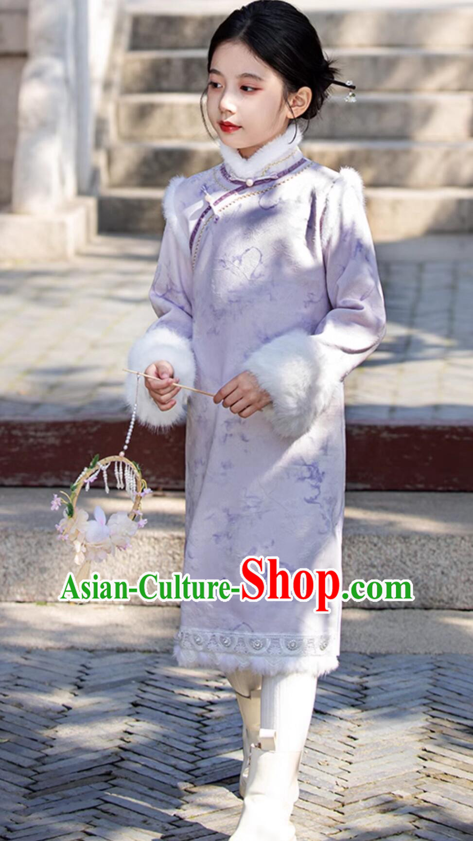 China Classical Dress Traditional Chinese Clothing Children Winter Qipao Purple Warm Cheongsam