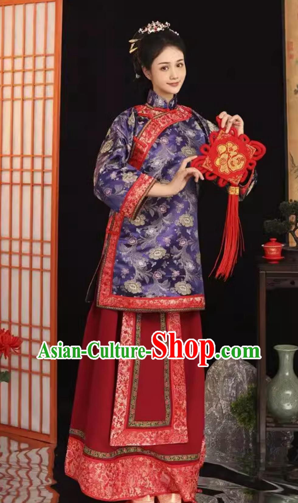 Traditional Chinese Village Woman Purple Dress Ancient China Woman Matchmaker Costume Late Qing Dynasty Clothing