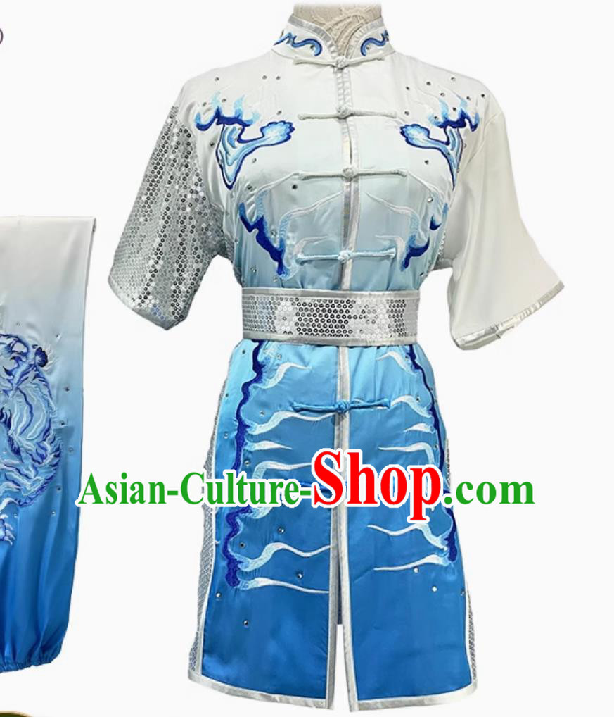 Chinese Wushu Tournament Light Blue Outfit Embroidered Tiger Changquan Competition Clothing Traditional Kung Fu Costume Martial Arts Taolu Uniform