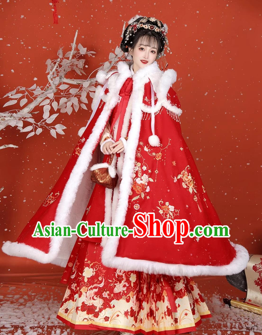 Chinese Ming Dynasty Princess Red Cloak Ancient China Noble Lady Costume Traditional Winter Hanfu Cape Embroidered Clothing
