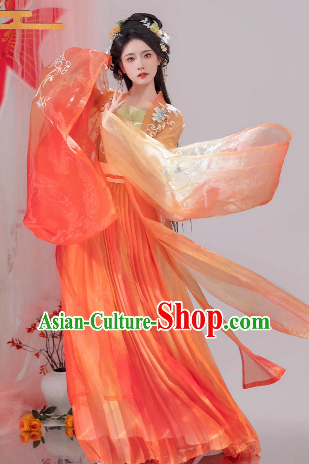 Chinese Tang Dynasty Princess Embroidered Clothing Ancient China Fairy Costume Traditional Orange Hanfu Dress