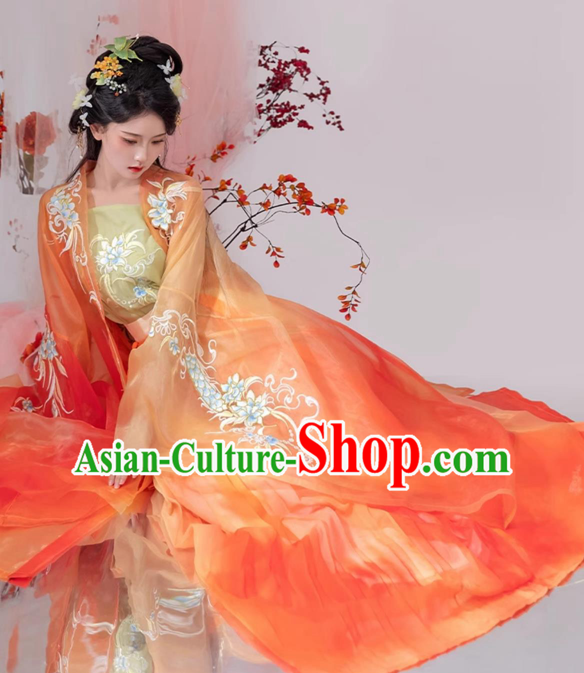 Chinese Tang Dynasty Princess Embroidered Clothing Ancient China Fairy Costume Traditional Orange Hanfu Dress