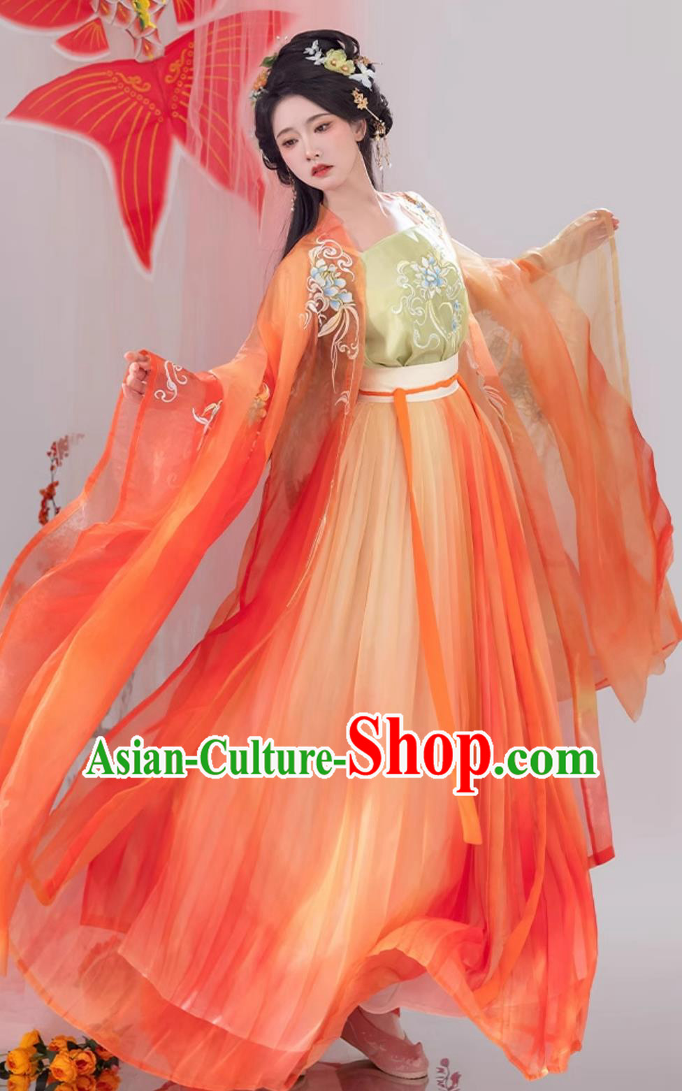 Chinese Tang Dynasty Princess Embroidered Clothing Ancient China Fairy Costume Traditional Orange Hanfu Dress