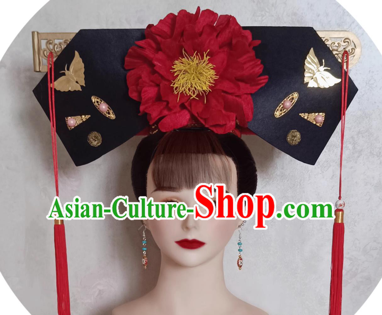 China Qing Dynasty Palace Lady Red Peony Hat Traditional Chinese Manchu Woman Headdress TV Series Princess Pearl Xiao Yan Zi Headgear