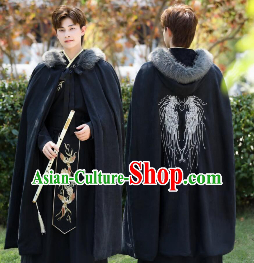 Handmade China Embroidered Black Woolen Long Cloak Traditional Chinese Hanfu Mantle Ancient Swordsman Costume