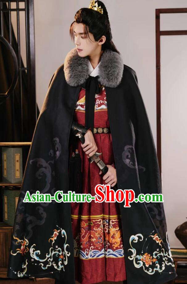 Traditional Chinese Hanfu Cape Ancient Swordsman Costume Handmade China Embroidered Fire Kylin Black Woolen Long Cloak