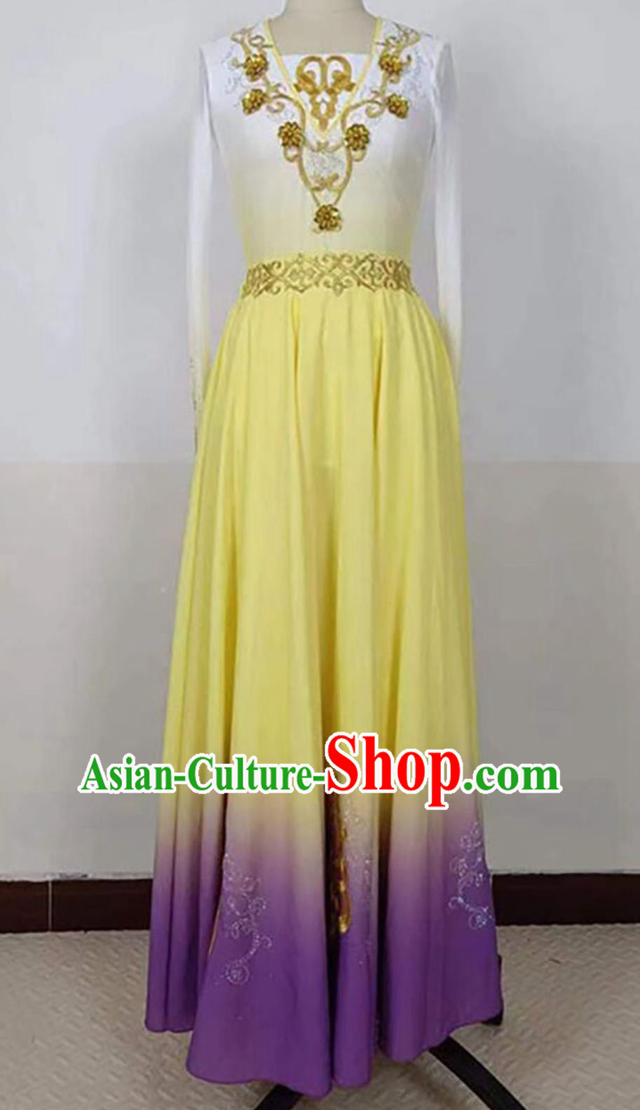 Chinese Uyghur Nationality Dance Clothing Xinjiang Folk Dance Costume Ethnic Women Group Dance Yellow Dress
